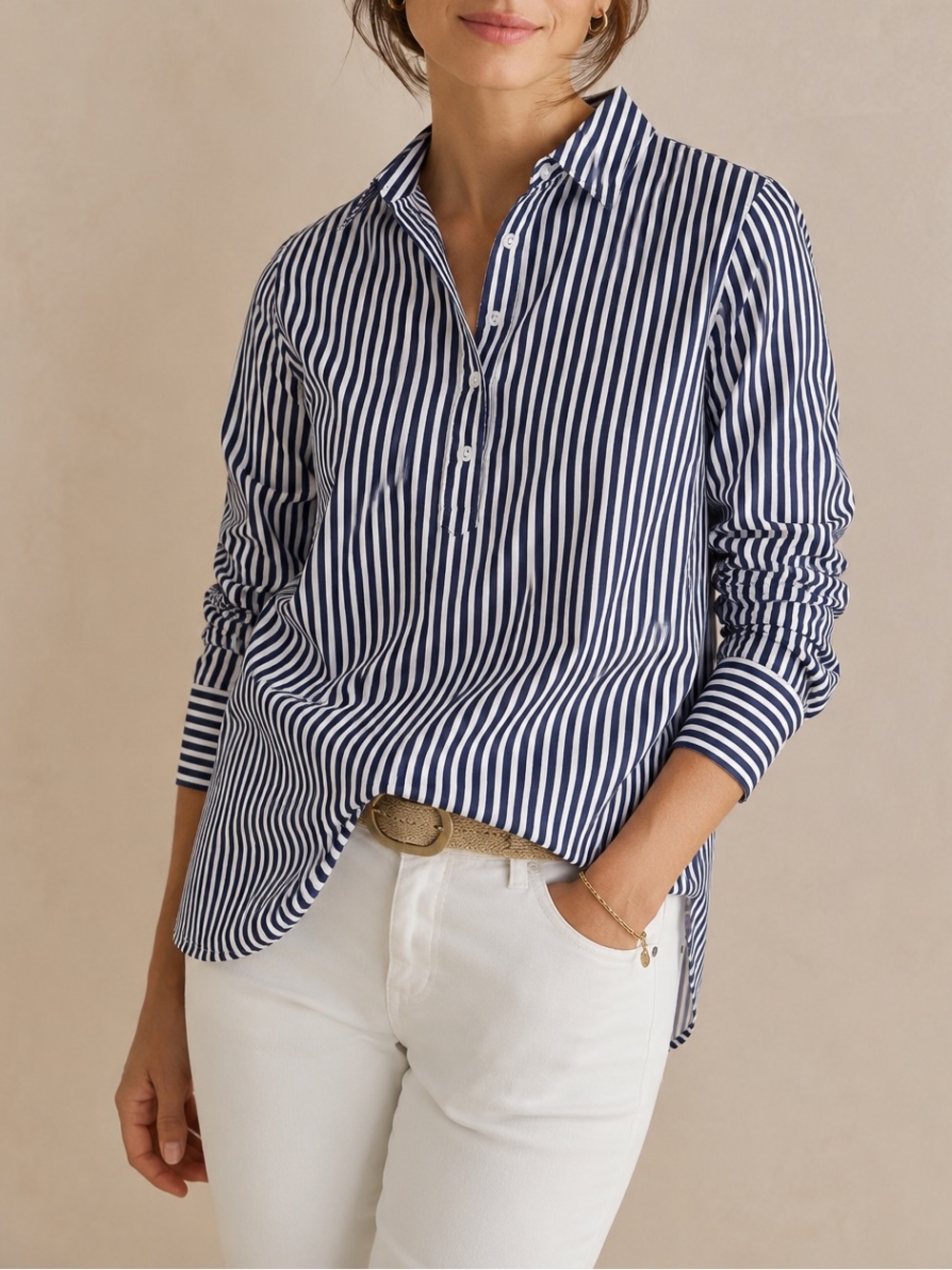 Talbots Petite P Blue White Stripe Cotton Popover Tunic Shirt Blouse NWT